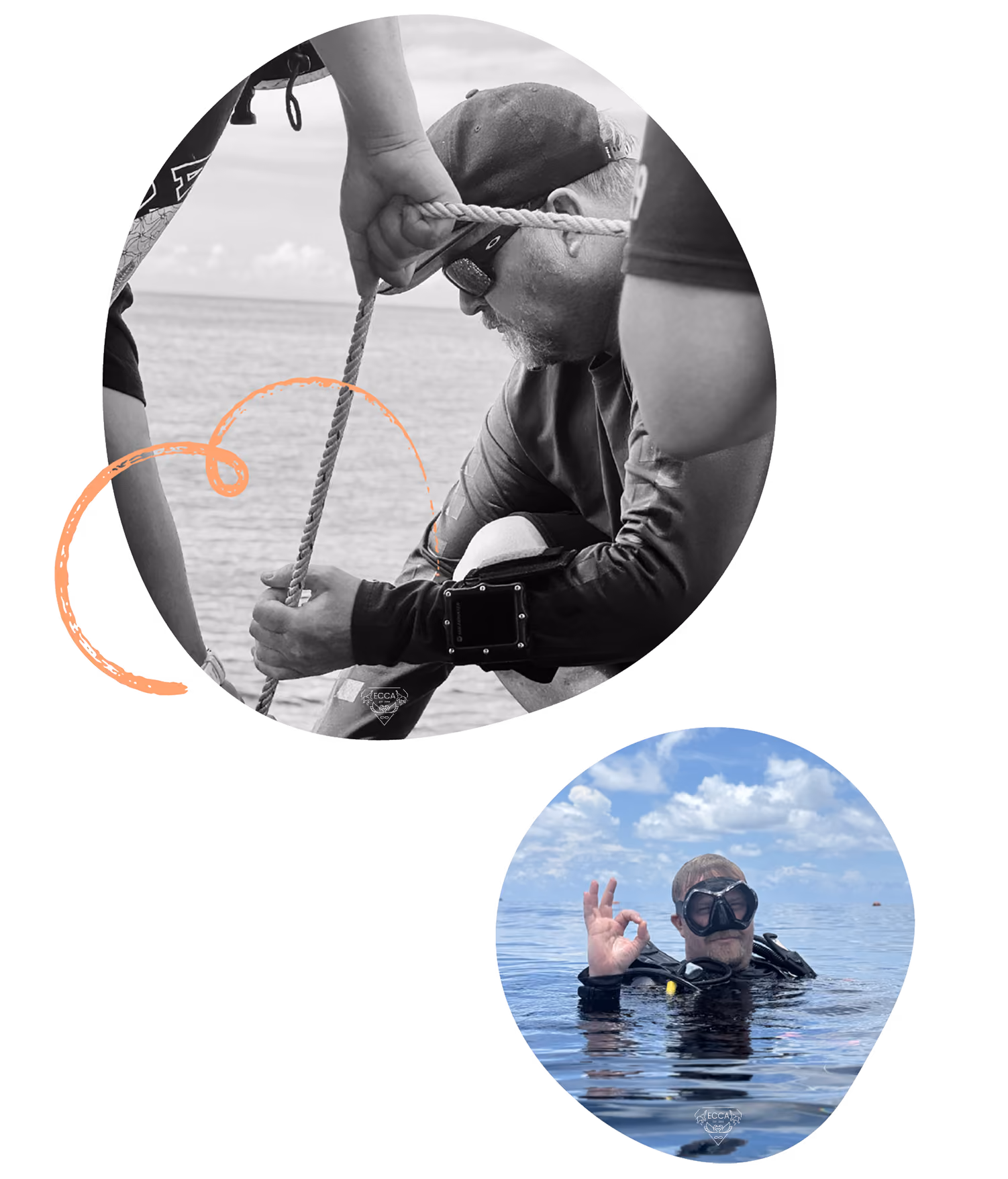 A person in sunglasses hauling a line aboard a boat at sea, with an inset photograph of a diver in the water signalling OK.