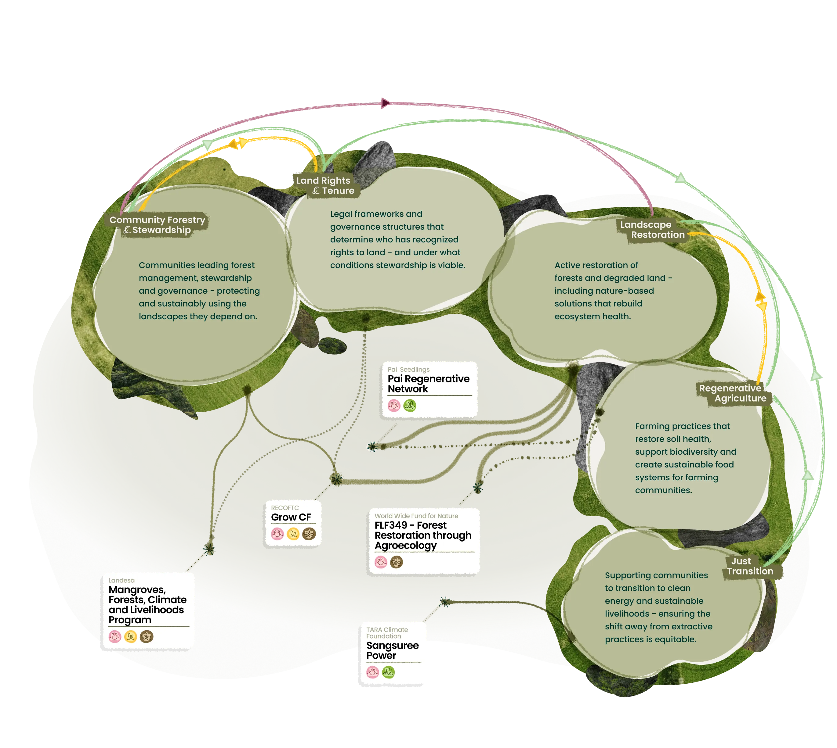 Ecosystem map of ECCA's landscapes work: 5 partner projects grouped by theme. The same information is listed in text below.