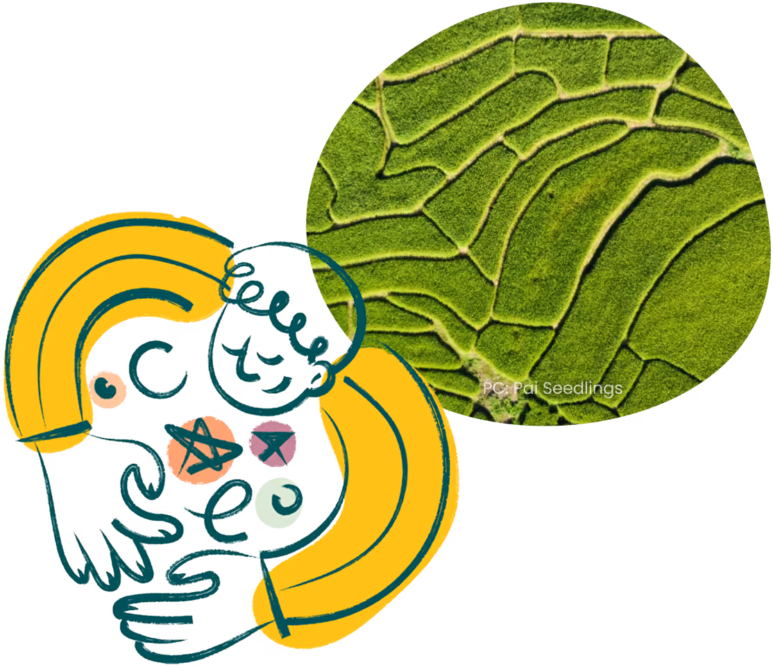 An illustrated figure curled around a close-up photograph of the veins of a green leaf.