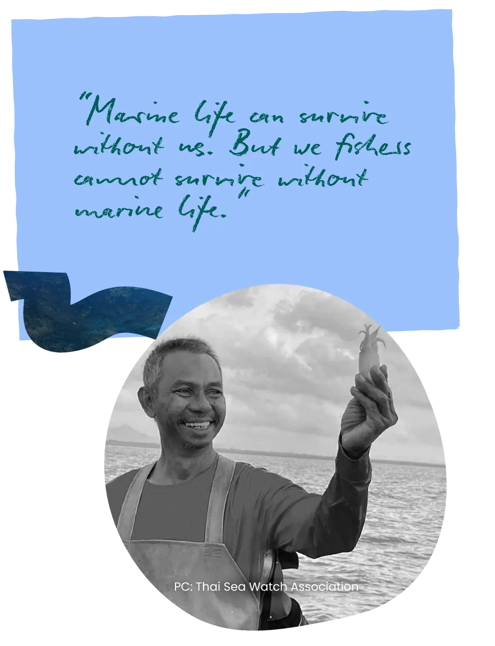 Pull-quote card, with a fisher in an apron raising a hand aboard a boat at sea.