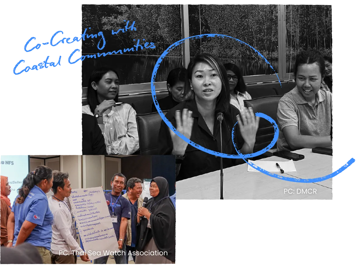Women speaking at a panel table, with an inset photograph of a community workshop. Handwritten caption: Co-Creating with Coastal Communities.