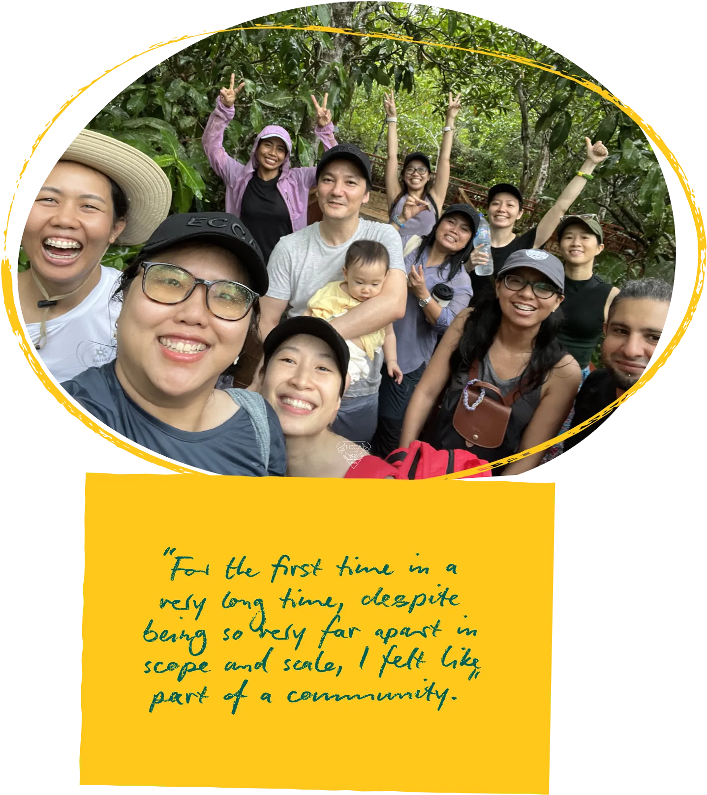ECCA partners crowded into a group selfie outdoors, above a pull-quote card.