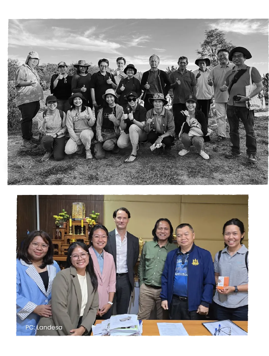 A group photograph taken in a field, above a second photograph of partners gathered indoors.