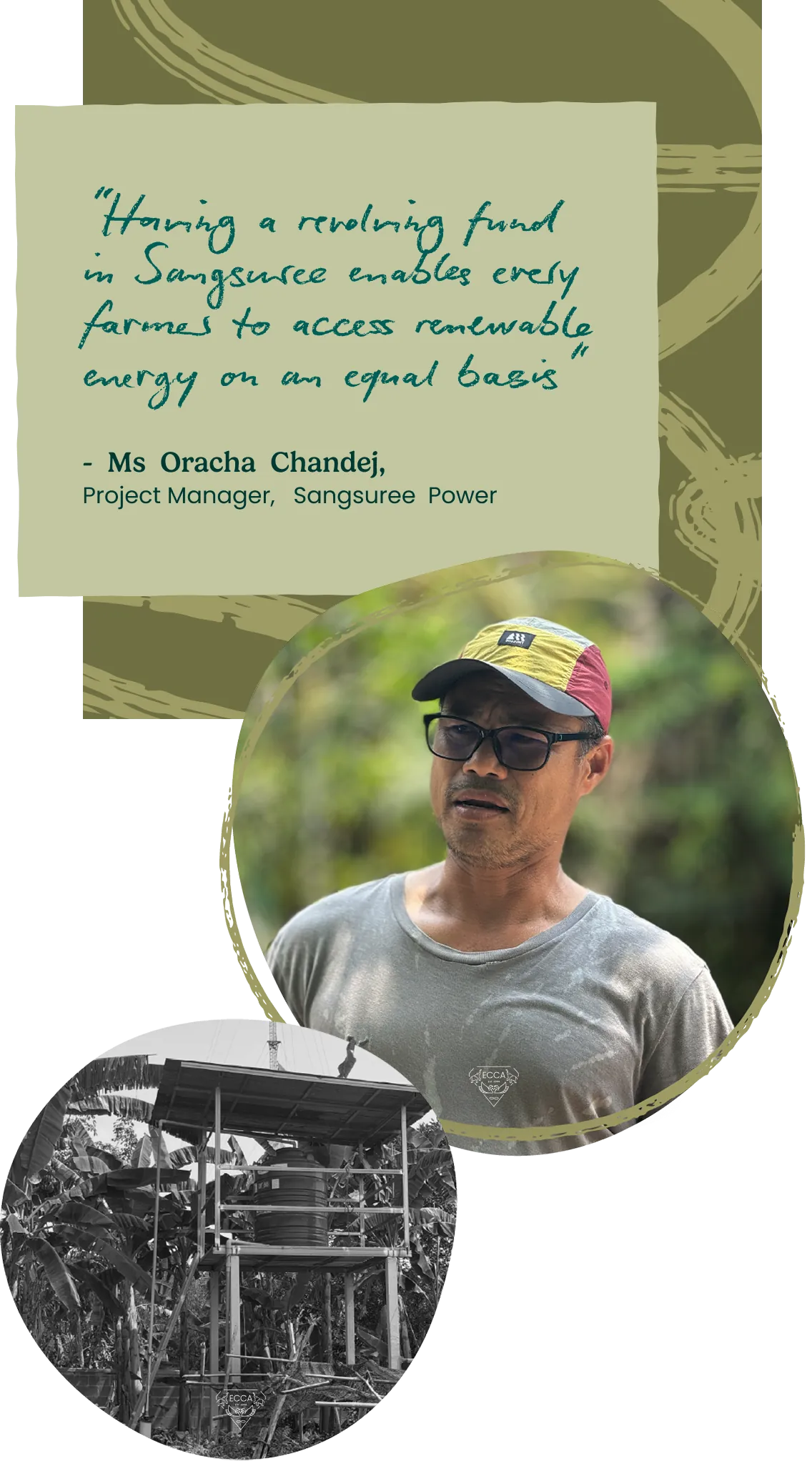 Pull-quote card, with a farmer in a cap and sunglasses and a photograph of a solar installation.