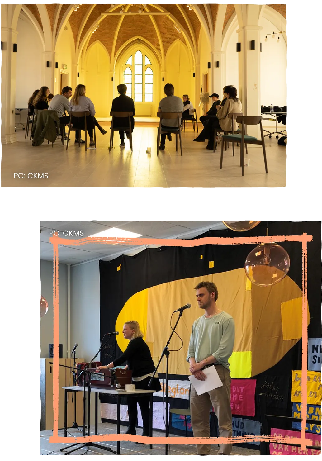 A high-ceilinged hall with people seated in small groups, above a photograph of a reading performance on a lit stage.