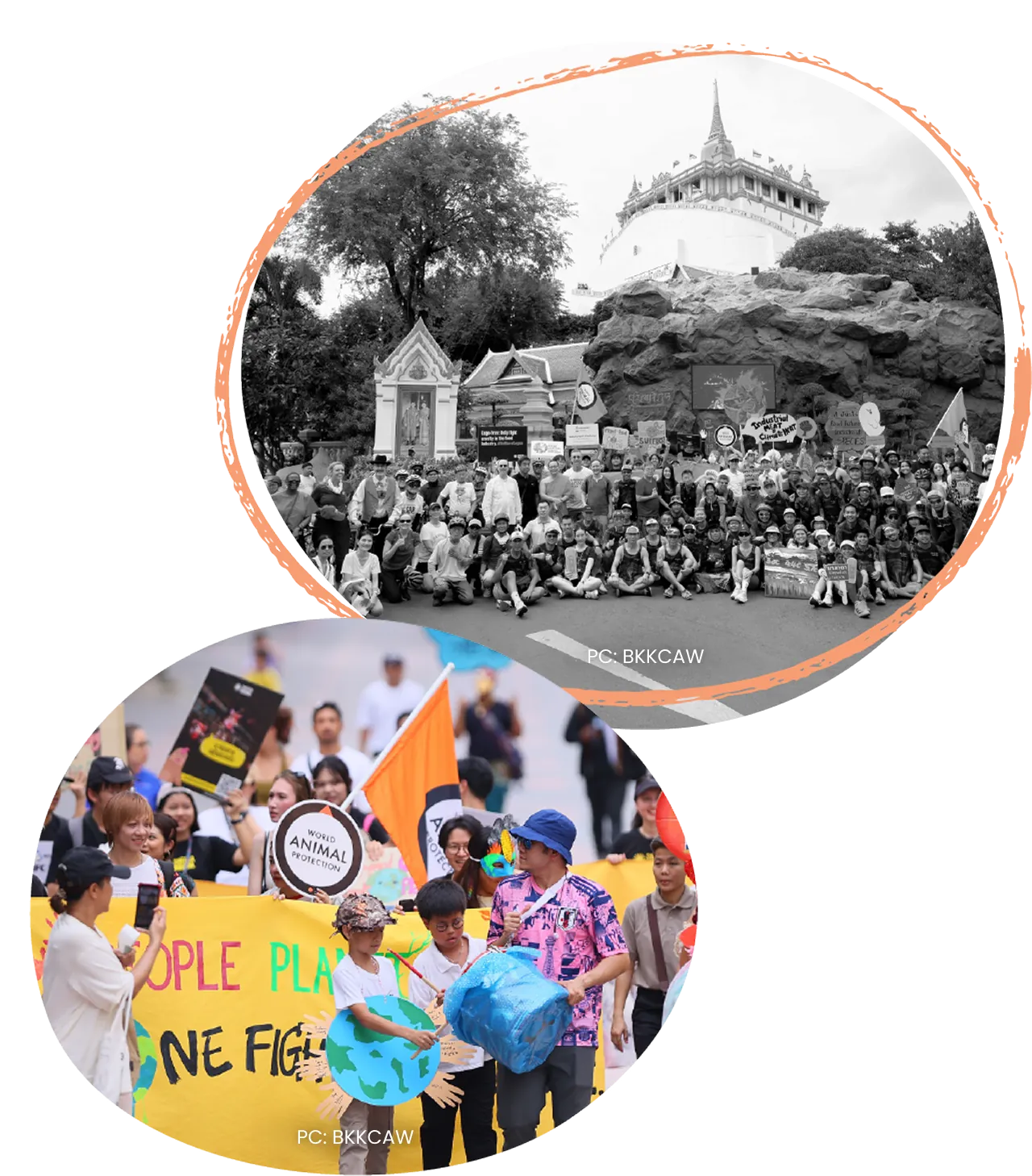 A large group gathered at the foot of a Bangkok temple, with a second photograph of a climate march carrying hand-painted placards.
