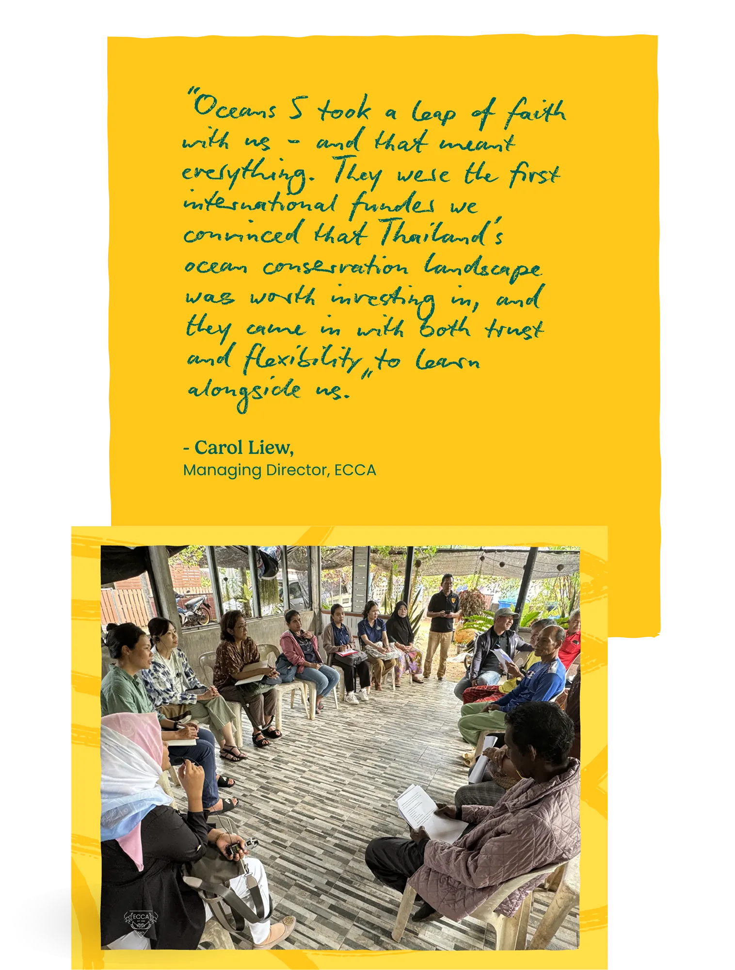Pull-quote card, with a photograph of a community meeting seated in a circle.